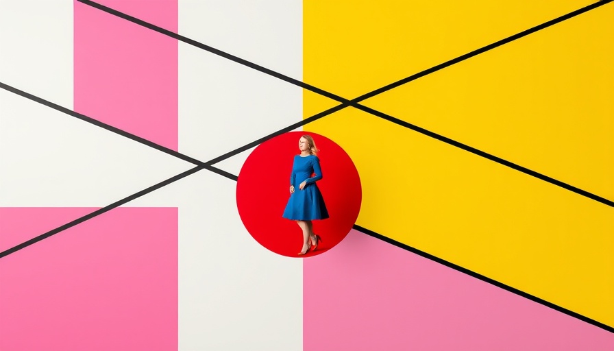 Abstract art with woman in blue dress on geometric background, vibrant colors.