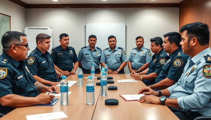 Police officers discussing use of force policies in meeting room.
