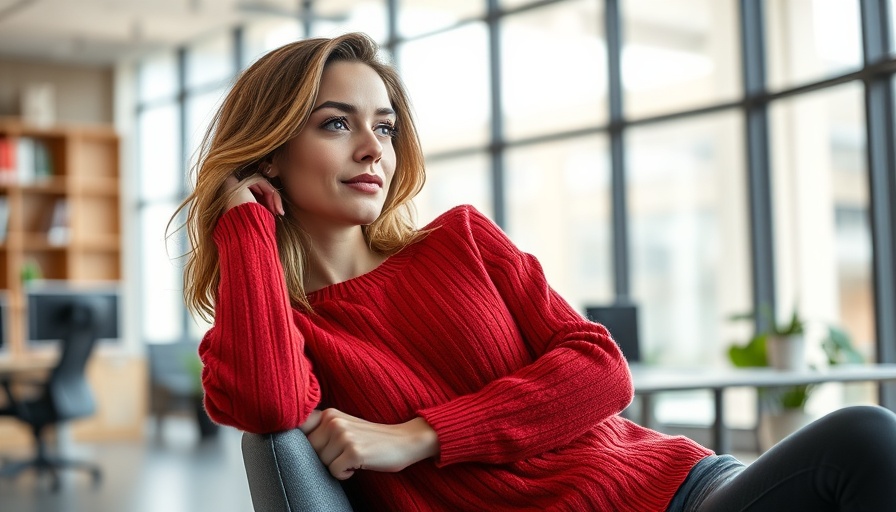 Stylish woman in red sweater looking calmly, modern office background
