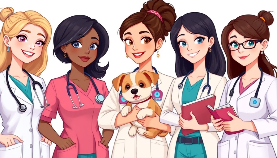 Illustration of three diverse female veterinarians in a veterinary shadowing contest.