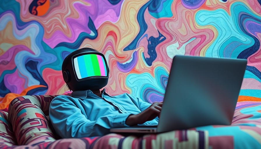 Surreal digital art of person with TV pattern face using laptop.