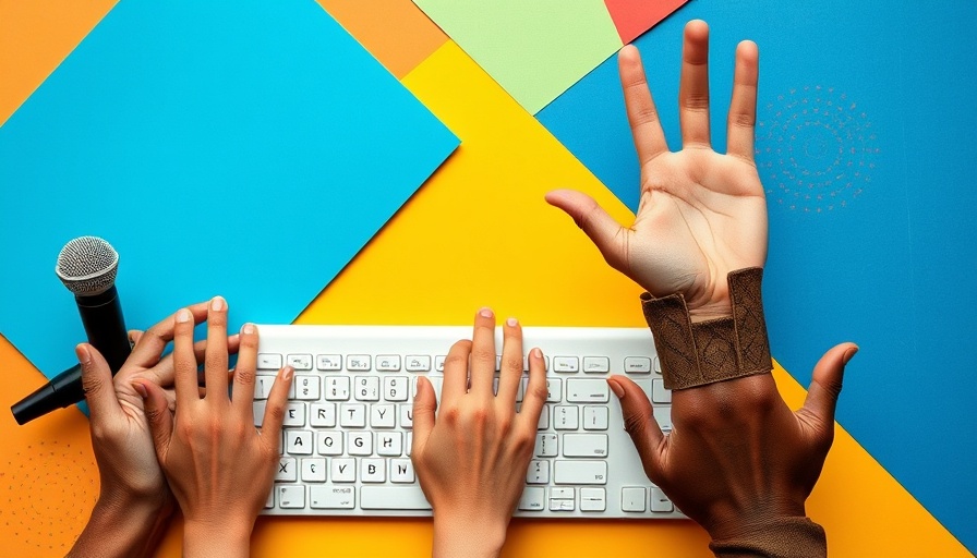 Diverse hands with a microphone over keyboard, AI voice technology for MedSpas.