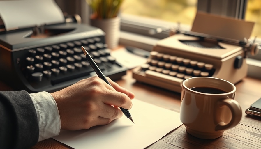 Hands writing near typewriter, cozy workspace for copywriting tips.