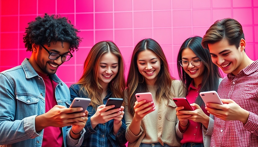 Young adults using phones, vibrant backdrop, social media intelligence SOCMINT.