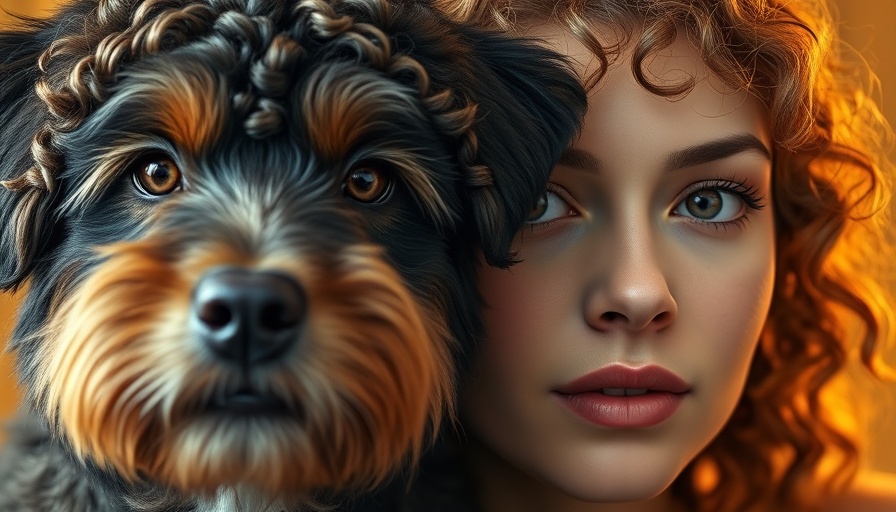 Close-up of dog and owner showing resemblance, curly hair, brown eyes.