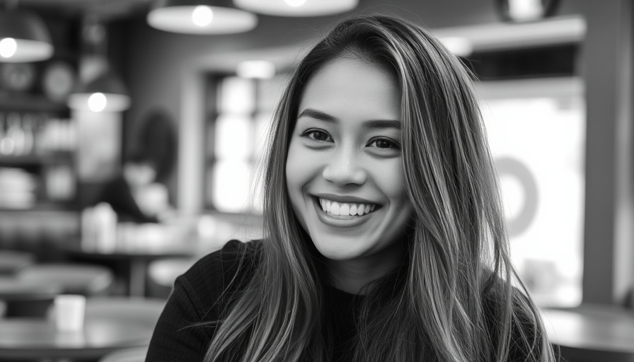 Woman smiling in grayscale portrait, AI in Business concept.