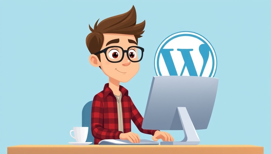 Animated man at computer with WordPress logo, Essential WordPress Plugins.