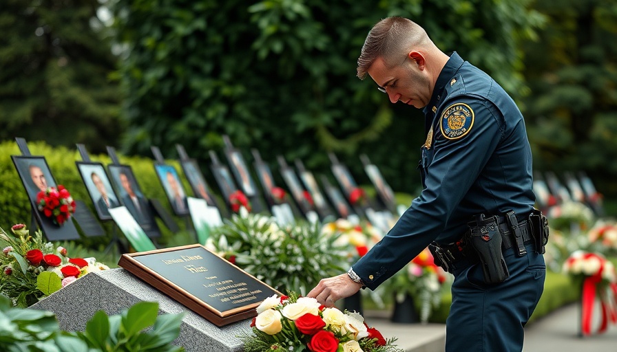 Law enforcement officer at memorial honoring fallen colleagues.