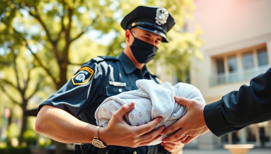 Police officer holds baby in daylight, showcasing police news.