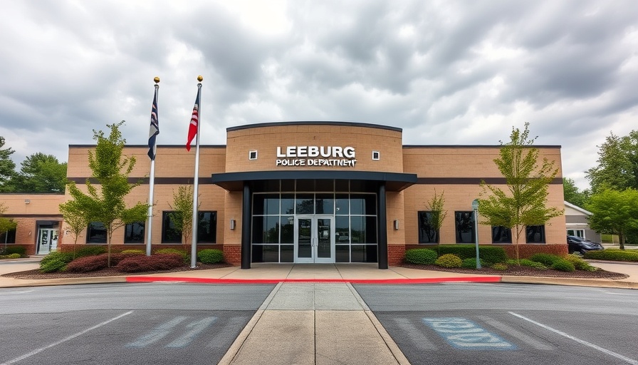 Leesburg Police Department building with flags in landscaped setting.