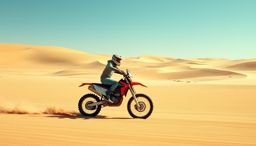 Motorcyclist demonstrating leadership style navigating desert dunes.