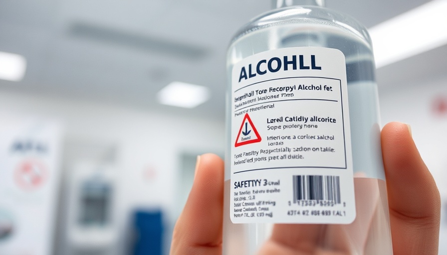 Isopropyl alcohol bottle with safety label in a clinical setting.