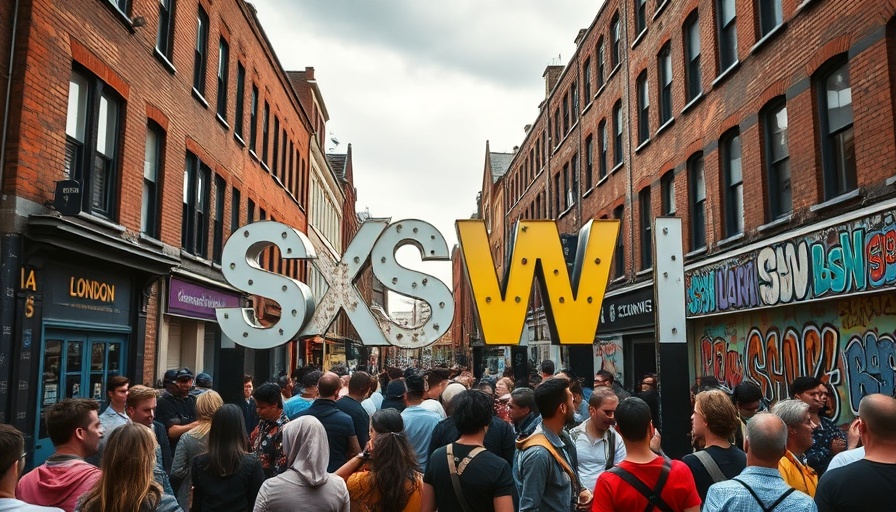 Urban scene at first in-person international conference with SXSW London sign.
