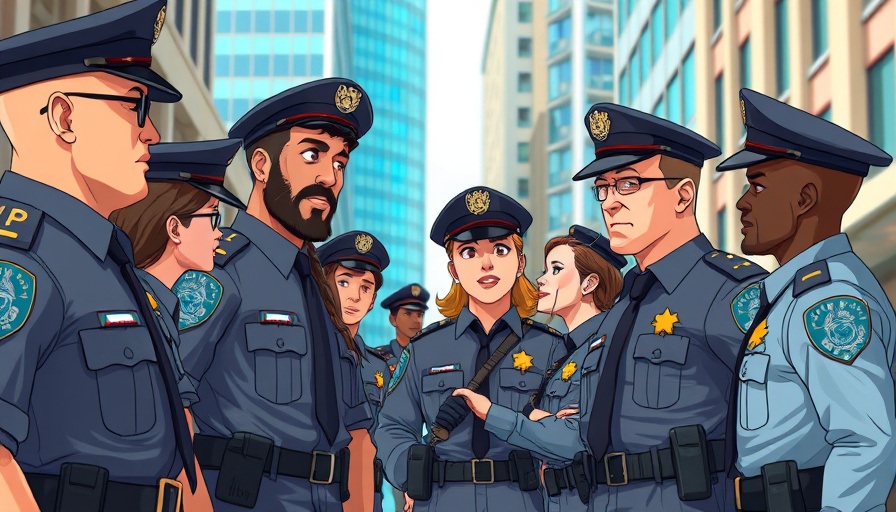 Animated police officers discussing reform strategies, urban setting.