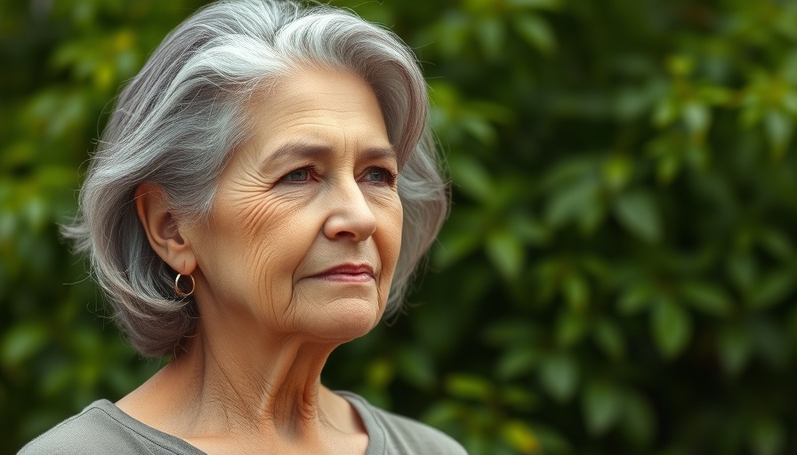 Mature woman outdoors with serene expression, lush green foliage background.