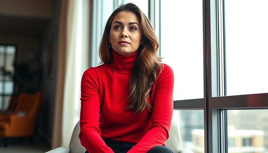 Confident woman in red turtleneck on magazine cover, relaxed pose