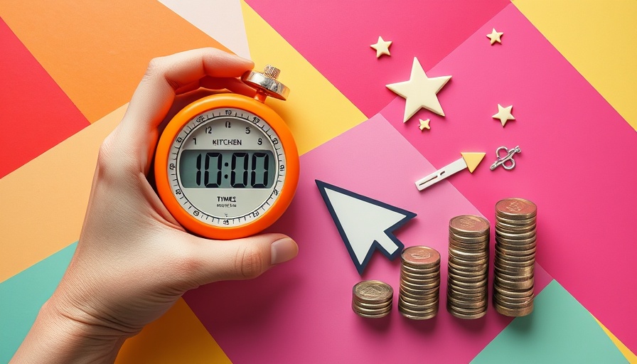 Colorful marketing concept with a timer, coins, and digital icons in a collage.