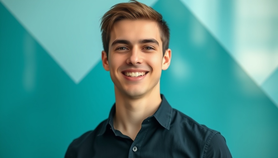 Confident man with modern geometric background and 'Growth Memo' text.