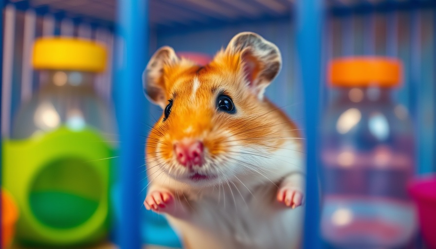 Curious hamster in a colorful cage, small mammal pets welfare issues.