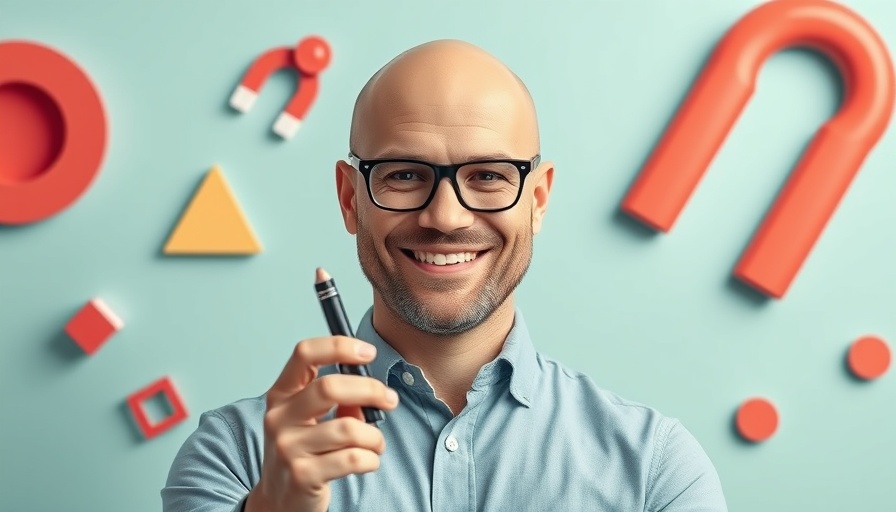 Bald man presenting with abstract design elements, from marketer to CMO theme.