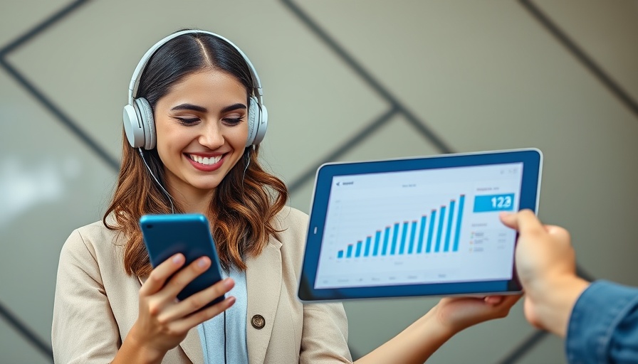 Young woman using smartphone and tablet with chart, best CRMs for fitness businesses in 2025.