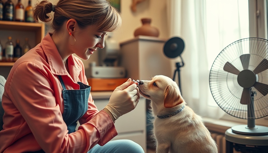 Vintage veterinary care, person with dog getting injection, home setting.
