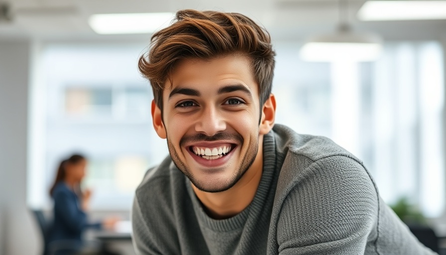 Happy young man at work encapsulating virtues of diet and sleep.