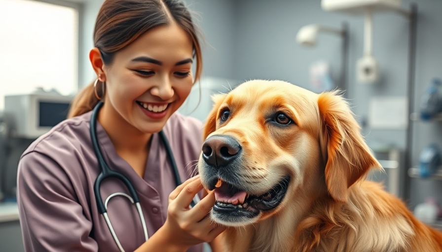 Veterinarian examining golden retriever in clinic, evidence-based approach.