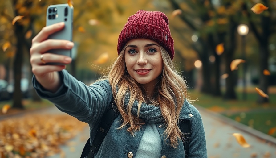 Woman in autumn park taking a selfie for Instagram Stories in MedSpa.