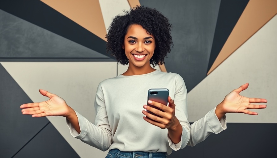 Modern graphic of CRM software use in staffing, showing a confident woman with phone and hands reaching.