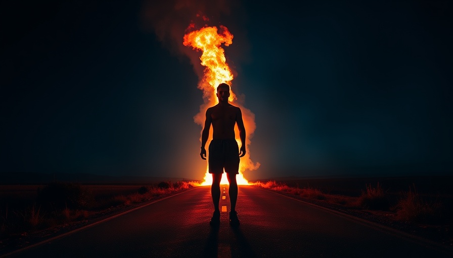 Dramatic nighttime scene with a person surrounded by flames on a road, police news.