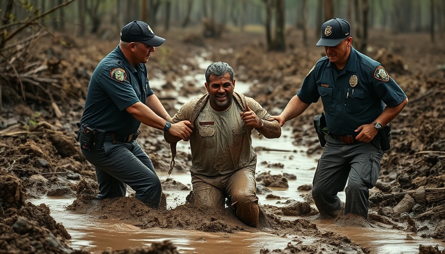 Texas floods heroism: Officers aiding a muddy man in rugged terrain.