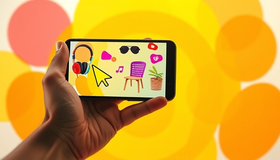 Hand holding smartphone with items and pixel cursor, vibrant circles.