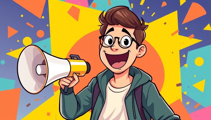 Man promoting with a megaphone in a colorful abstract background.