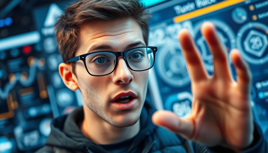 Young man discussing AI Browser for Veterinary Practices with digital interface.