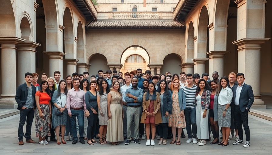 Large diverse group posing together in an outdoor courtyard.