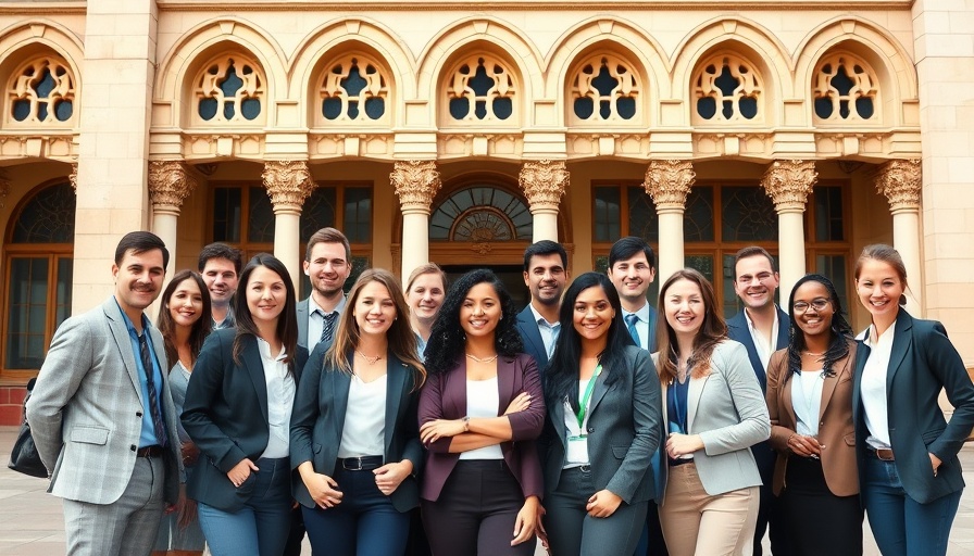 Group photo at a corporate retreat in front of an ornate building.
