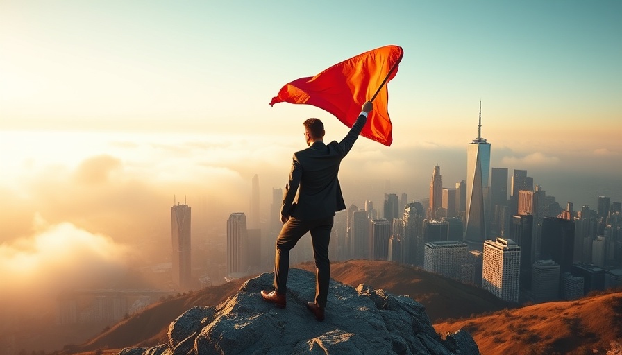 Man raises red flag on peak, city skyline backdrop, Hiring SEO for MedSpa.