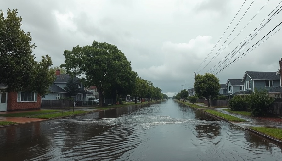 Flooded street in rural area reflecting AVMF Disaster Relief Grant Program focus.