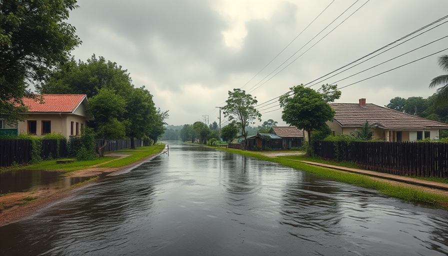 Flooded area impacting rural houses, highlighting AVMF Disaster Relief Grant Program.