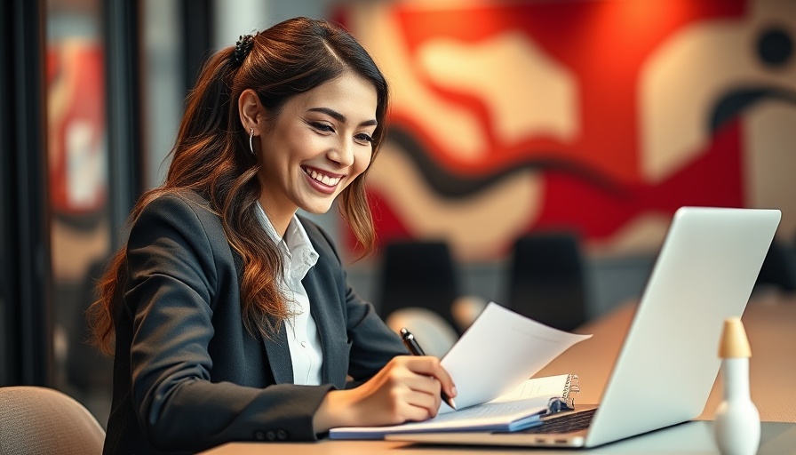 CRM for utilities: Professional woman using laptop and taking notes.