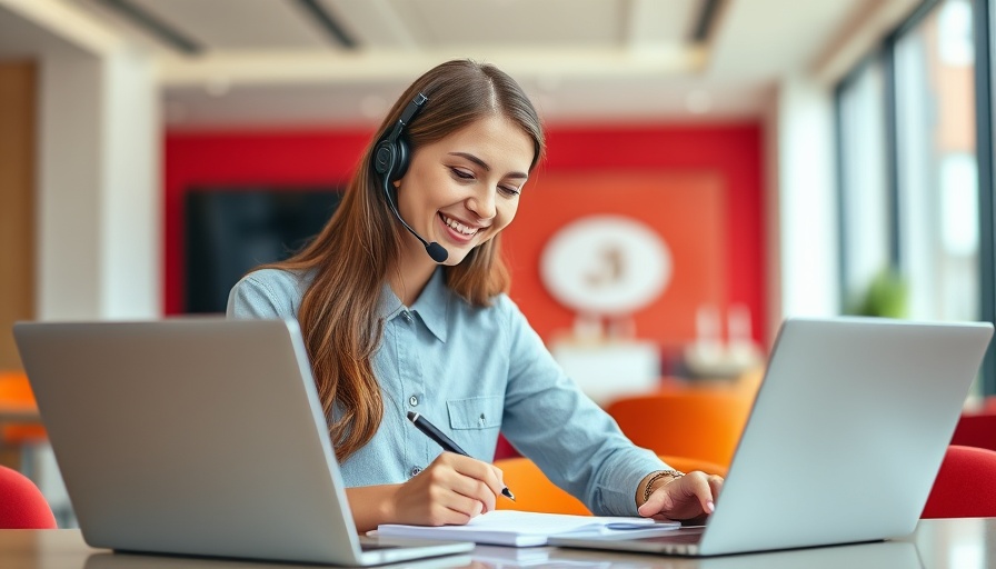 Woman using best CRMs for utilities at a desk with laptop.
