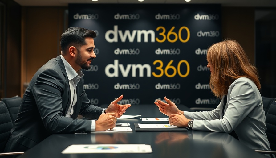 Two professionals discussing at a conference table with background logo, related to Non-Pharmacologic Solutions for Pet Dental Health.