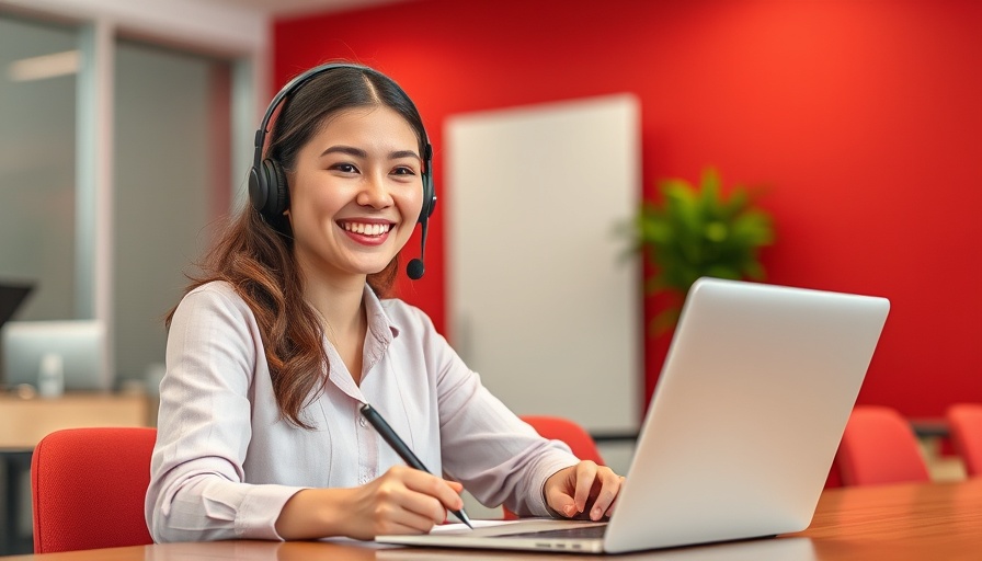 Smiling woman working with headset and laptop, illustrating best CRMs for MedSpas 2025.