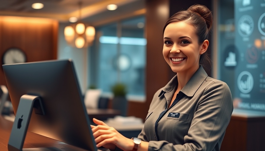 Hotel receptionist using best CRM software for hotels, vibrant setting.