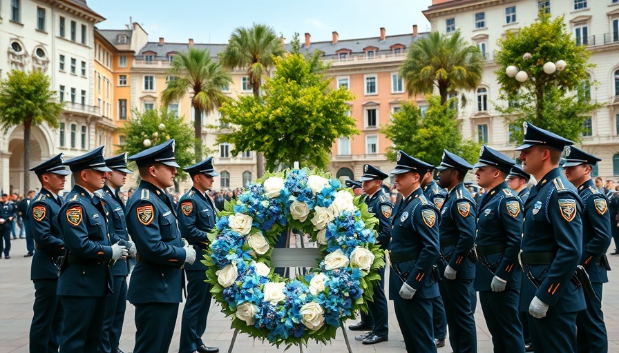 Ceremonial police officers with floral wreath at law enforcement memorial event
