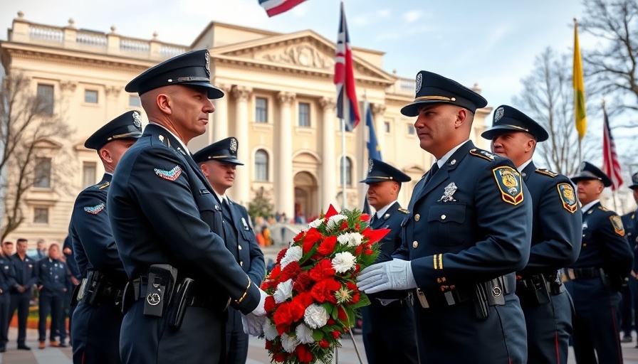 Memorial wreath with police officers in a ceremony, law enforcement fatalities report 2025.
