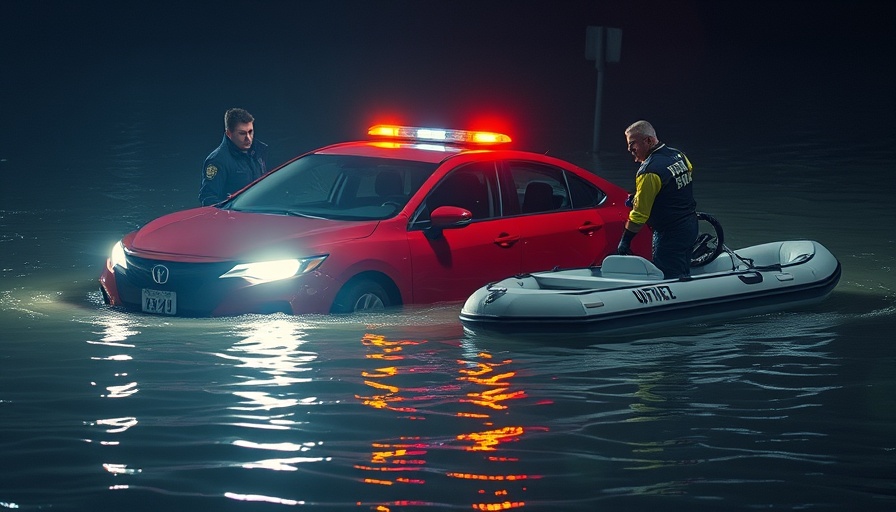 Police rescuing flood victims at night near a red car.