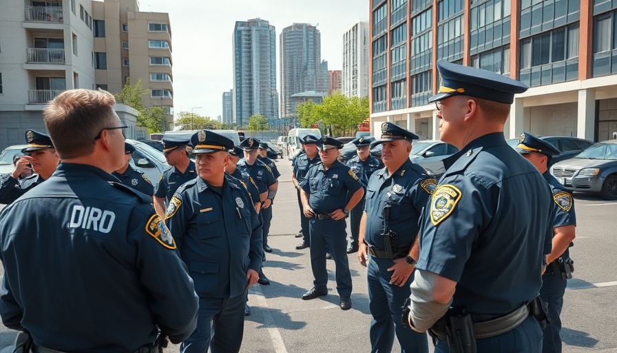 Police officers convene in parking lot for Detroit crime reduction plan briefing.