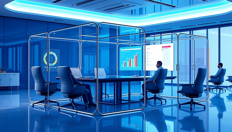 Illustration of AI notetakers presenting data in a futuristic office setting.